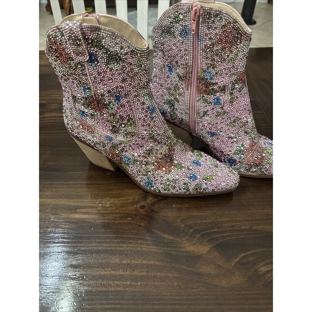 Betsy Johnson Candy Rhinestones Pink Floral Ankle Boots Sz 8.5 Cowgirl Festival